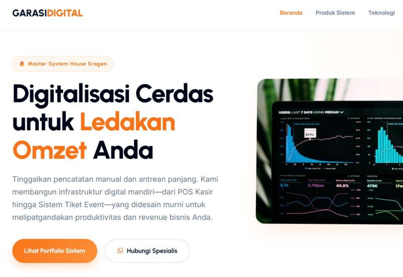 Layanan unggulan Garasi Digital yang mencakup POS Kasir Anti-Lelet, Sistem Manajemen Hotel & Kos, serta Ticketing System untuk mendongkrak profit bisnis tanpa biaya langganan bulanan